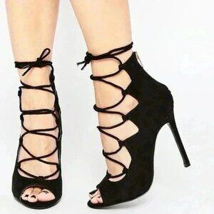 Aldo Sergioa Lace Up Stiletto Heels Peep Toe Black Micro Suede Size 7.5